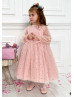 Long Sleeves Gold Star Tulle Pearl Beaded Flower Girl Dress